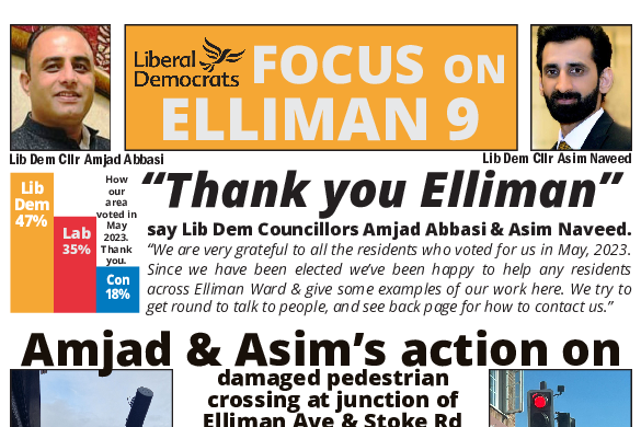 Elliman Ward Focus describes election & action of Lib Dem councillors Amjad Abbasi & Asim Naveed