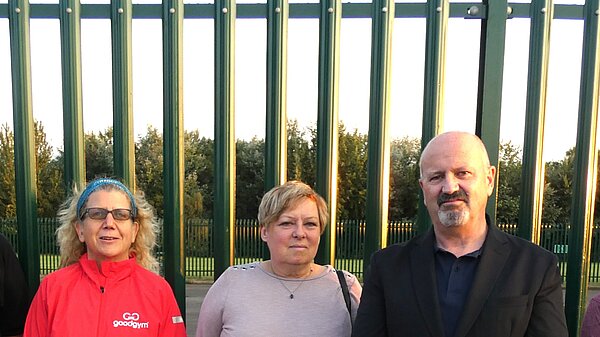 Jen Simpson, Bridget  Orr & Cllr Frank O'Kelly protesting about the Eltham Ave car park fence