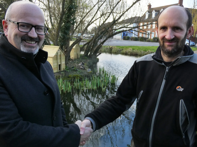 Frank O'Kelly & Matthew Taylor-Lib Dem candidates_Cippenham Village_2023_Cippenham pond