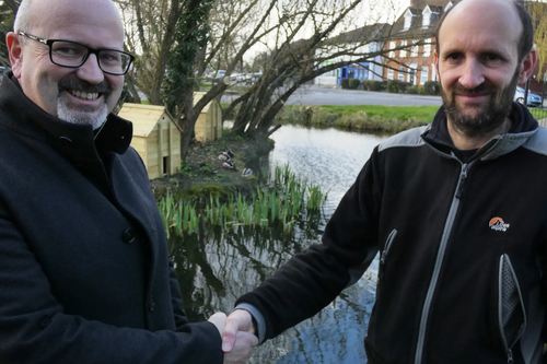 Frank O'Kelly & Matthew Taylor-Lib Dem candidates_Cippenham Village_2023_Cippenham pond