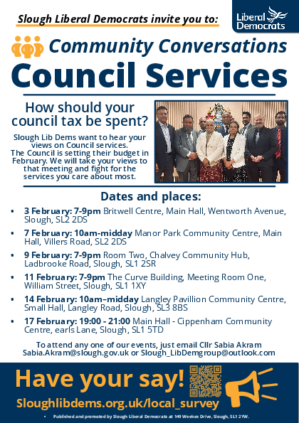 Flyer for Slough Lib Dems Community Conversations across Slough on how the council tax should be spent